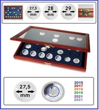 SAFE-5909-Holz-M&uuml;nzvitrine-35x-5-EURO-Blauer-Planet-in-M&uuml;nzkapseln-27,5-mm
