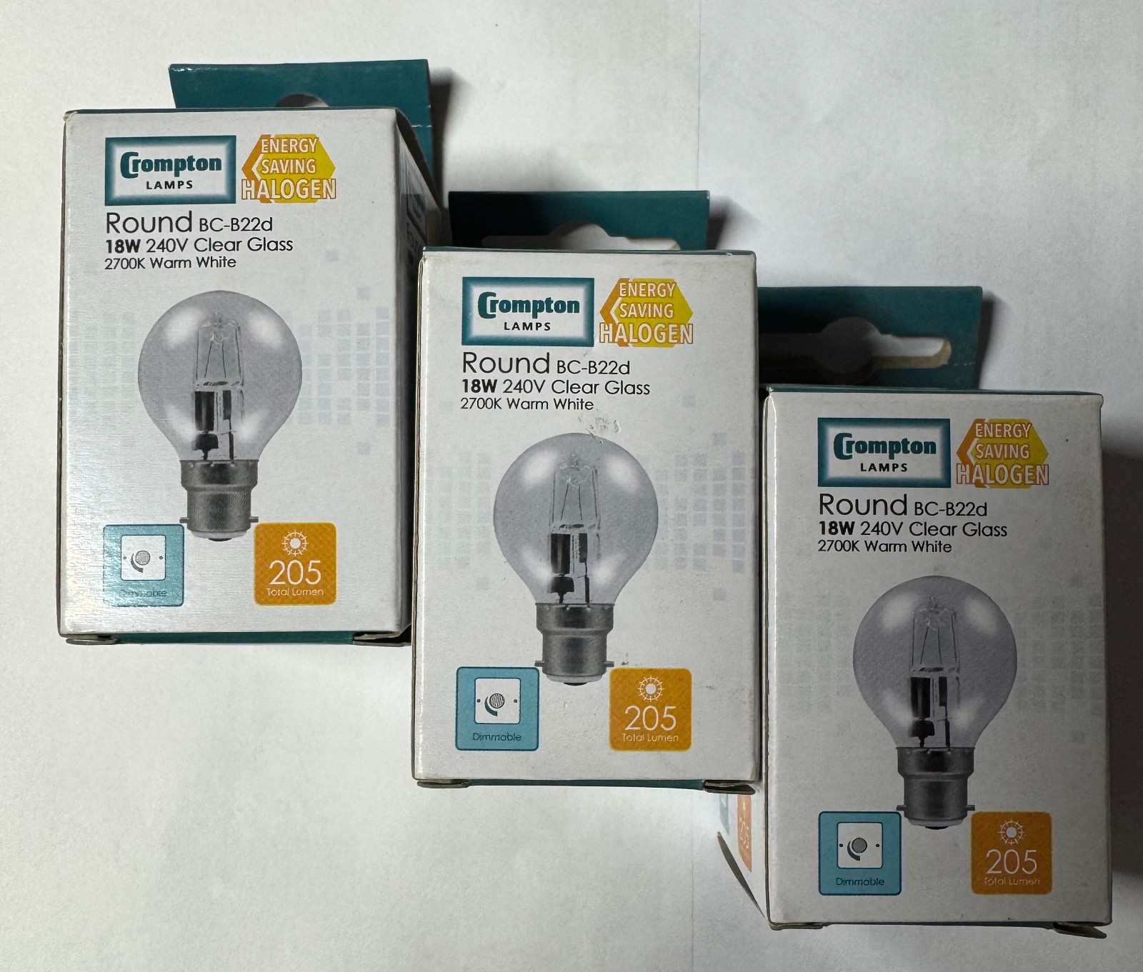 3 x 18W = 24W BC B22 Halogen 45MM Round Golf Ball bulb lamp 205lm G2 - Crompton
