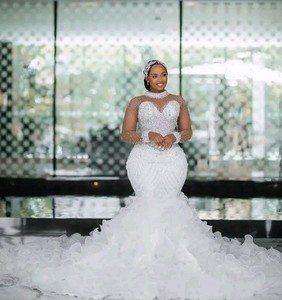 Luxury Pearl & Crystal Beaded Mermaid Wedding Dress with Dramatic Tiered Ruffle 