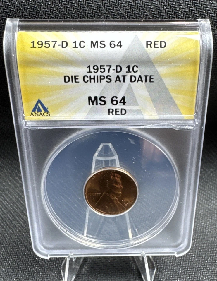 1957 D Lincoln cent with date Die Chip Red 64 Graded ANACS Rare High Grade Error - Image 2 of 4