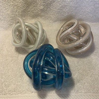 Art Glass White /Gold,Aqua/Clear,White/Rose Twisted Knots Lot Of 3 Dif Sizes