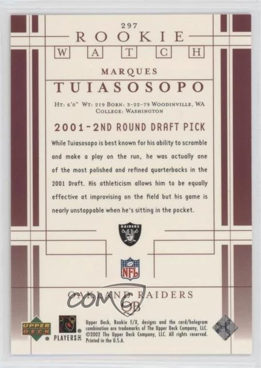 2001 Upper Deck Rookie F/X UD Star Rookies /750 Marques Tuiasosopo #297 RC - Image 2 of 2