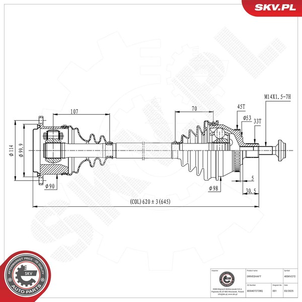 Esen SKV Antriebswelle Gelenkwelle FüR VW Passat Variant 3B6 3B5 3B3 3B2 Audi-image
