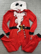 Disney Jack Skellington One Piece Pajamas Youth Large 12/14 Red Fleece Hooded