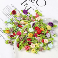 100 Pcs Multicolor Satin Ribbon Roses, Mini Fabric Flowers with Leaves - Sewing