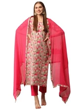 GoSriKi Women's Cotton Blend Printed Straight Kurta with Pant & Dupatta