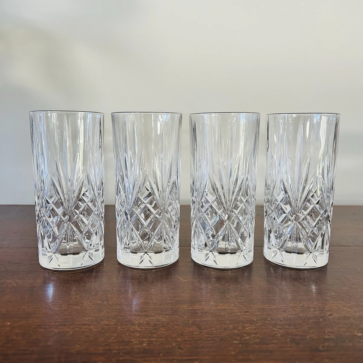 Set 4 Cut Crystal Highball Glasses Diamond Starburst Tumbler Barware Vintage