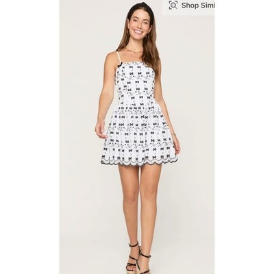 Francescas Estelle Black Bow Eyelet Mini Dress Smocked Back Scalloped Hem Medium