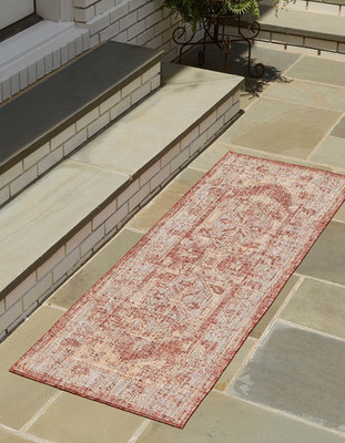 Valeria Outdoor Area Rug Runner 2' x 5' in Rust Red/Ivory Traditional Style