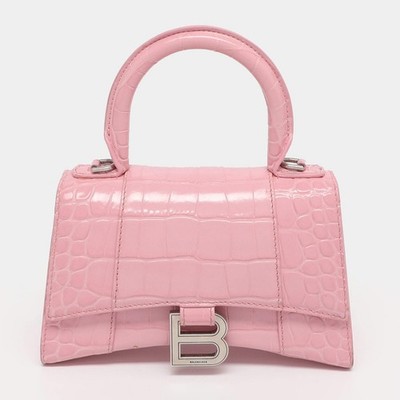 Balenciaga Hourglass XS Pink Croc Embossed Leather Top Handle Bag