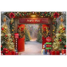 12x8ft Fabric Christmas Backdrop Winter Forest Wooden Barn Door North Pole Sn...
