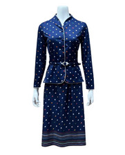 Vintage Lady Carol Blue Skirt Set Woman's Size 12 Belted Union Made Button Top