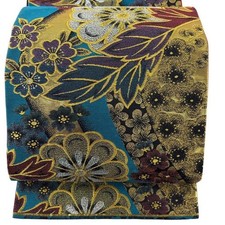 Woman Japanese Kimono Fukuro-obi Silk Cherry blossom Gold Foil Blue green