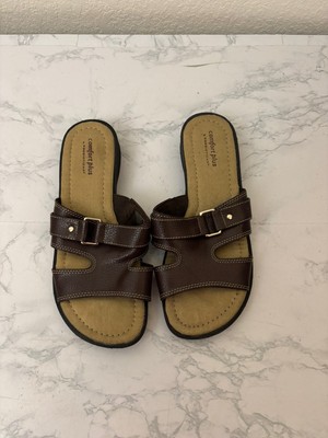 Comfort Plus By Predictions Sandals Womens 8W Faux Leather Slip On Brown Z1