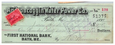 #ad 1899 Androscoggin Water Power Co Bath Maine Signed Bank Check Rev Stamp Plummer $14.89