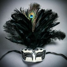 Women Venice Carnival New Year Party Masquerade Feather Prom Mask Silver Black