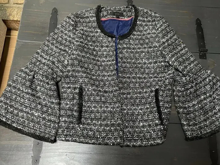 J CREW Womens Lady Jacket BLAZER, Size 6, Black White, Sequin Tweed Bell  Sleeve