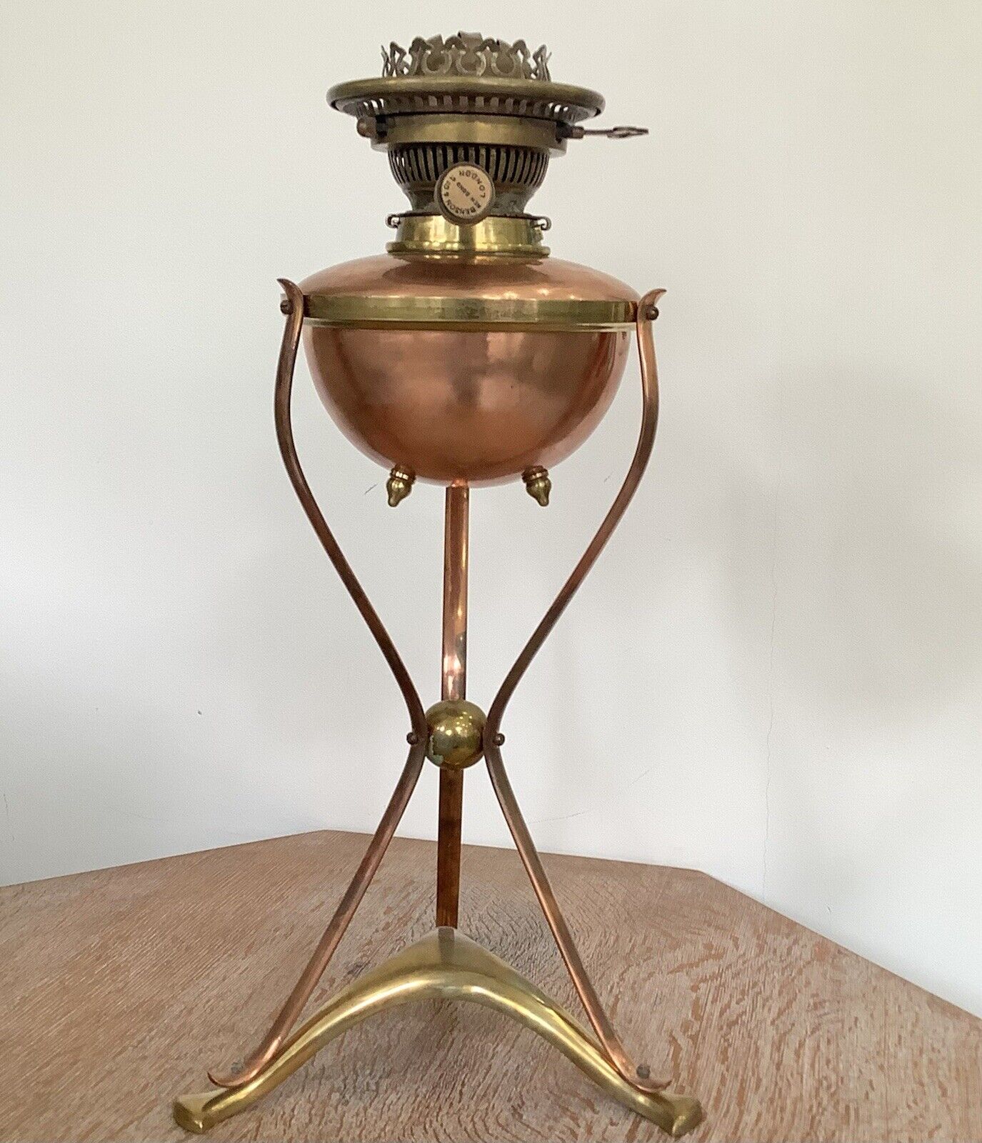 W A S Benson Brass Oil Table Lamp Arts & Crafts Art Nouveau - Signed