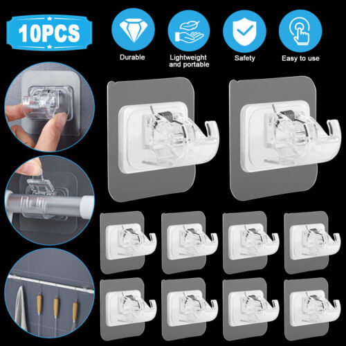 10PCS Nail Free Adjustable Curtain Rod Clip Brackets Self Adhesive Holder Hooks - Picture 1 of 9