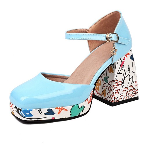 Sandali donna tacco a blocco scarpe stampa plateau punta quadrata moda coreana - Foto 1 di 23