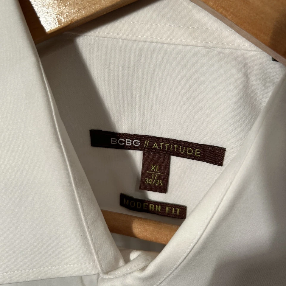 BCBG Attitude Modern Fit Button Down Barrel Cuff Dress Shirt Men's XL White - Image 2 of 4
