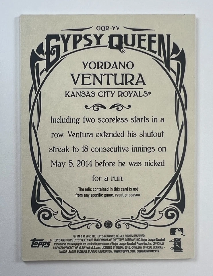 2015 Topps Gypsy Queen #GQR-YV Yordano Ventura Relic Card AR52-01 - Image 2 of 2