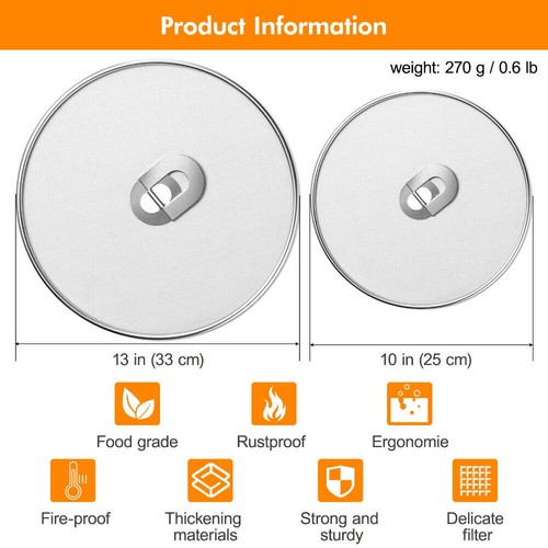 2Pc Set Steel Mesh Splatter Screen Grease Hot Oil Guard Frying Pan Cover 10" 13" - Picture 3 of 9