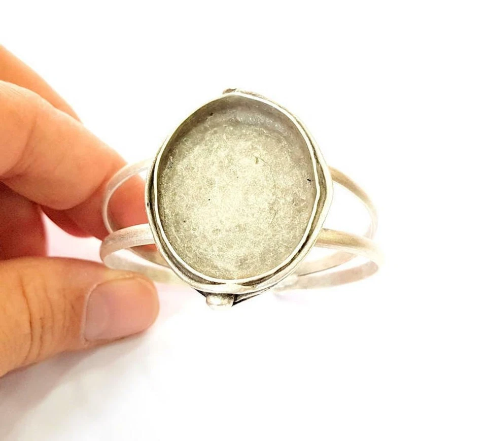 椭圆形手链空白袖口可调节古董镀银黄铜 Diy G7670 — 第 3/4 张图片