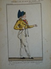Gravure COULEUR COSTUME THEATRE MARTINET EMPIRE HOMME JEAN PASSY PARODIE 1810