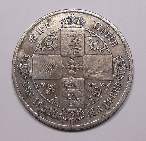 Great Britain 1859 Florin VG+ SCARCE Gothic Queen Victoria KEY UK Silver Coin - Picture 2 of 2