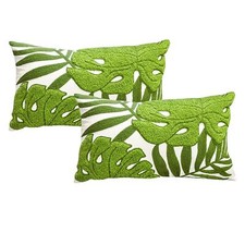 Set of 2, Cotton Embroidery Tropical Green Leaf Palm Pattern Throw Pillow Covers
