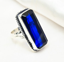 Blue Sapphire Lab-Created Gemstone Handmade 925 Sterling Silver Ring Jewelry