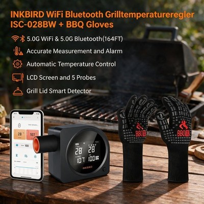 INKBIRD WLAN Bluetooth Grillgebläse ISC-028BW App-Steuerung + Grillhandschuhe CF