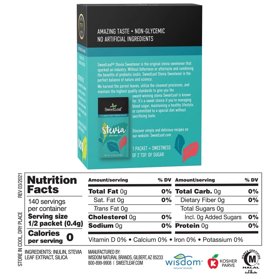 Edulcorante de Stevia Natural Hoja Dulce No OGM Cero Calorías 70 Paquetes 2.5 OZ Foto 2 de 3