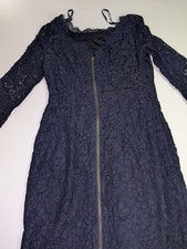 ADRIANNA PAPELL Evenings Navy Blue Lace Lined Sheath Dress 3/4 Sleeve Size 6