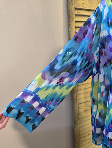 Laura Ashley 100% Seide Modern Art Jacke 2X Blau Lila Grün Pailletten Lebendig - Bild 7 von 14