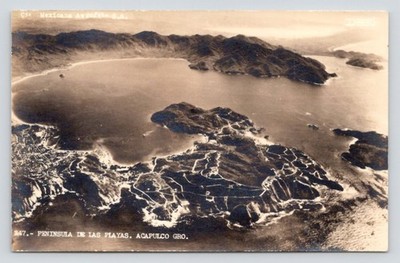 RPPC Peninsula de Las Playas Acapulco Guerrero Mexico Aerial c1950 UNP Postcard
