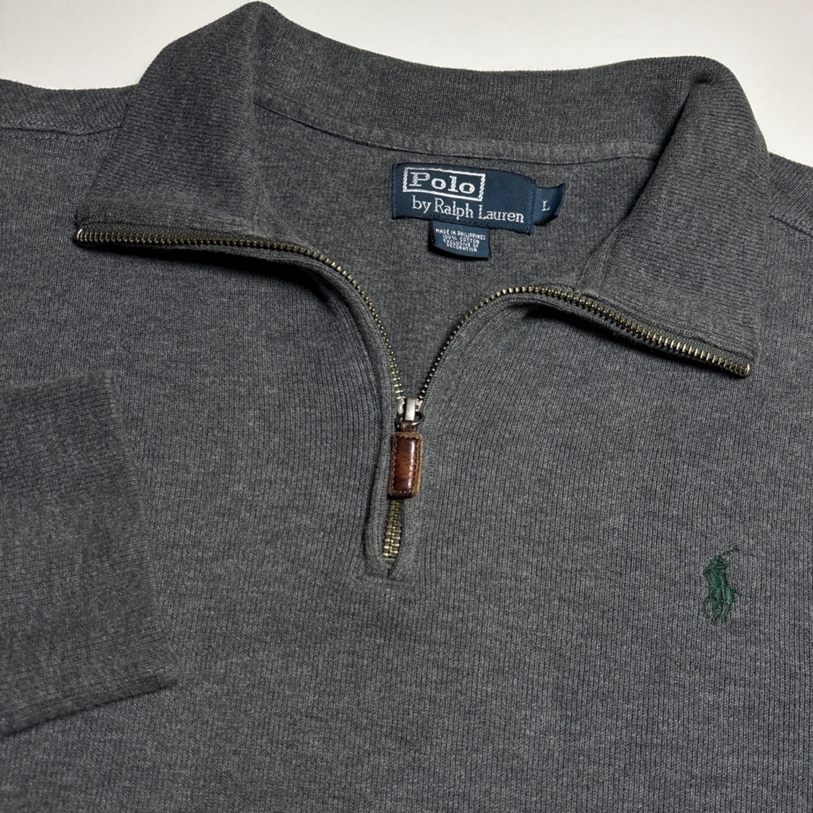Polo Ralph Lauren Quarter Zip Pullover Mens L Vintage Gray Sweater Cotton Preppy