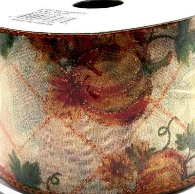 Sheer W Glitter Pumpkin Corn Sunflower Orange Trim Wire Edge Ribbon 2.5”X10 Yd - Image 1 of 4