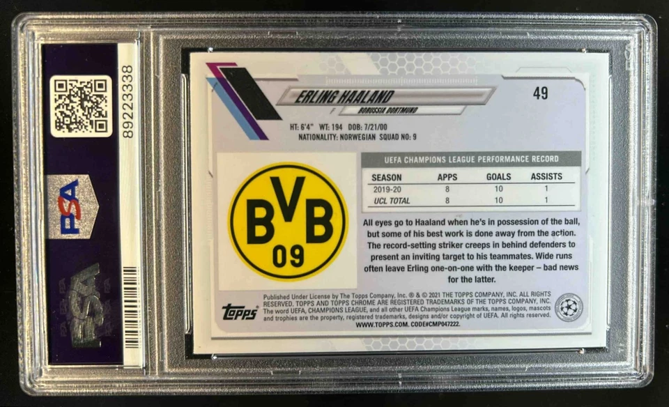 2020 Topps Chrome Sapphire UEFA Erling Haaland SP VAR #49b Dortmund PSA 10 - Image 2 of 2