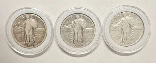 3x Standing Liberty Quarters 1926, 1929-D, 1930 | 90% Silver | Strong Detail Set
