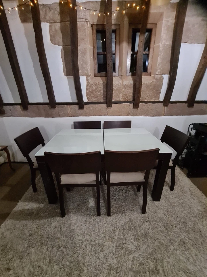 Ligne Roset Dark Wood and Milk Glass Extending Dining Table With 6 Chairs - Image 2 of 4