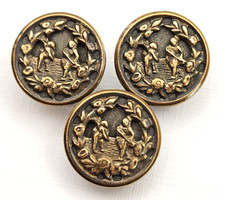 Cupid & Erato Muse of Poetry ~ Set of 3 Antique Brass Picture Buttons ~ 11/16"