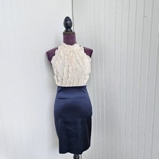 BCBG Maxazria 100 silk Cream Navy Blue Halter Dress Blouson Coctail Ruffle Sz 2