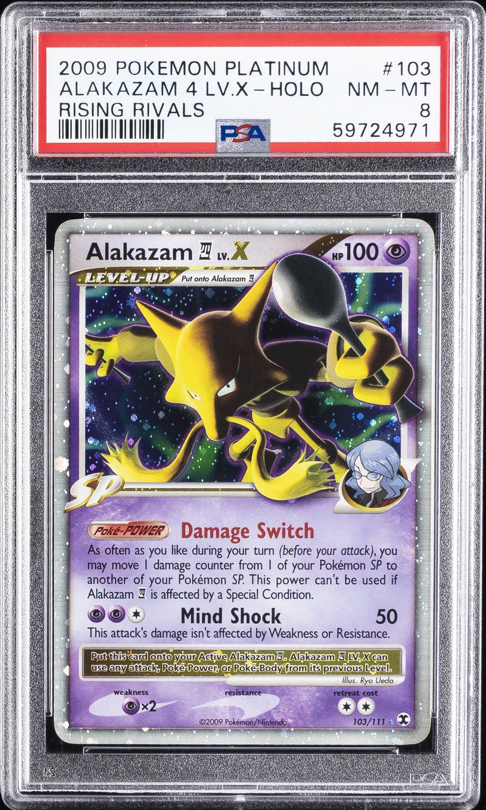 2009 POKEMON PLATINUM RISING RIVALS #103 ALAKAZAM 4 LV.X-HOLO PSA 8