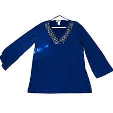 Carmen Marc Valvo Woman Blue Long Sleeve Embellished V Front Blouse Size 0X