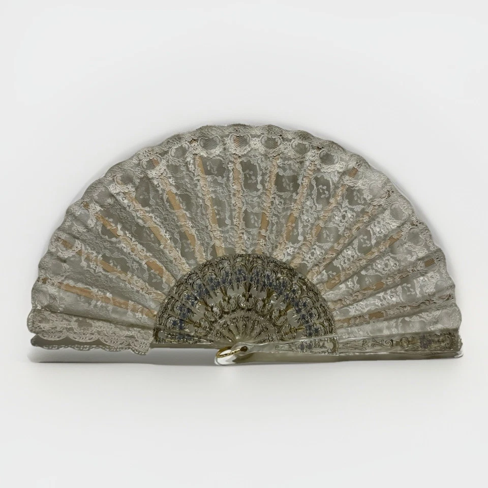 Ventilador dobrável de renda vintage dourado azul flores celulóide estilo esfregão ventilador de mão - Imagem 4 de 4