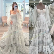 Shirred Wedding Dress with Detachable Long Blouson Sleeves Ruffle Tulle Boho