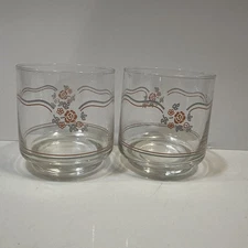 Corelle 2 ENGLISH BREAKFAST 8-oz Old Fashioned JUICE GLASSES Pink Blue Floral