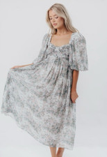 Worth Collective Maxi Dress XL Blue Smoked Puff Sleeve Aline Boho